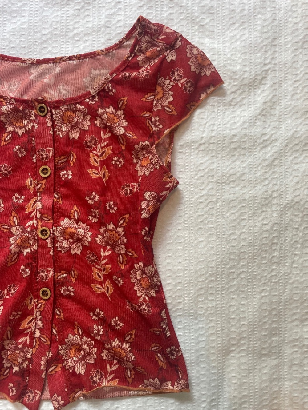 See description* Semi sheer 1970s vibe button up floral burnt orange blouse